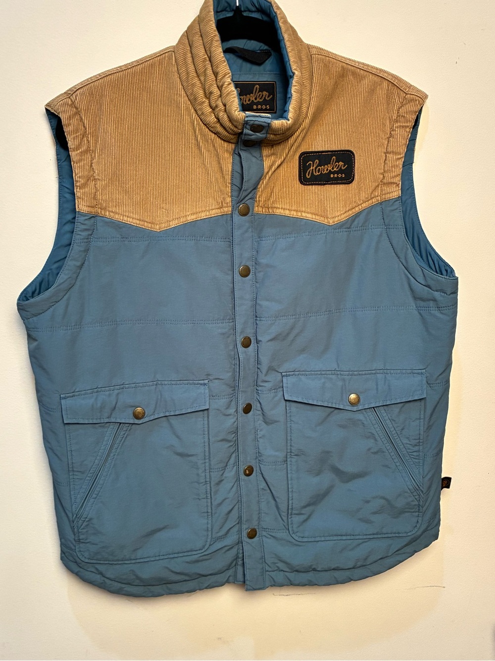 Howler Brothers - Light Blue Puffer Vest with Tan Corduroy Yoke - MEDIUM